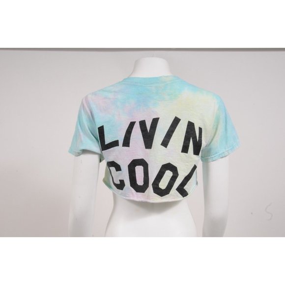 Livin Cool Womens Crop Top Size Small Blue Yellow Tie Dye Cotton T Shirt Raw Hem - Picture 5 of 7